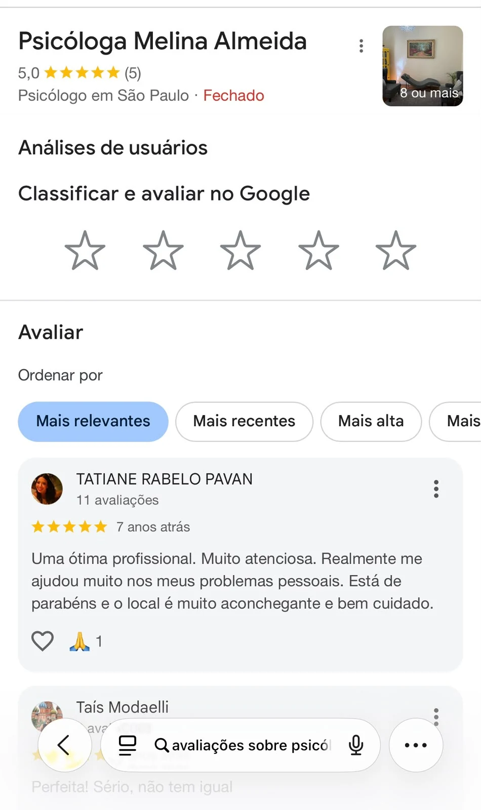Captura do perfil Psicóloga Melina Almeida e avaliações públicas de seu atendimento
